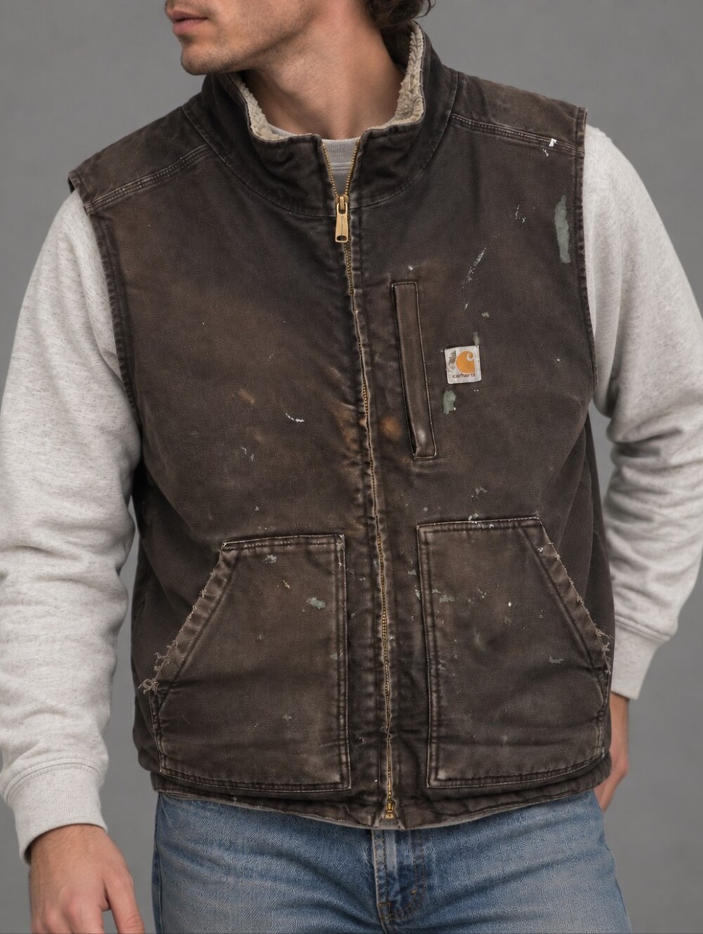Carhartt Dark Brown Sherpa Lined Duck Vest Distressed Workwear Mens Size 2 XL
